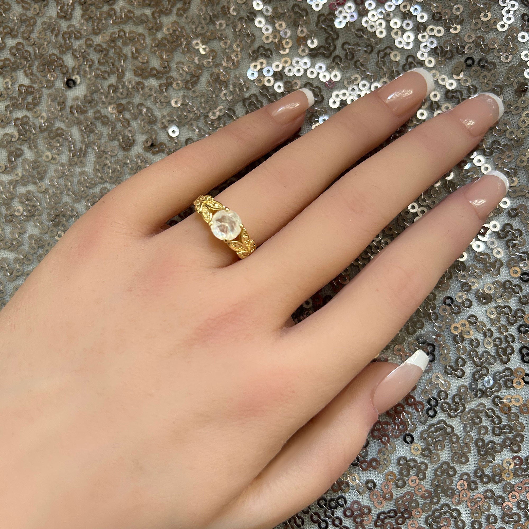 Rainbow Moonstone Ring - Genuine Moonstone - June Birthstone - Gold Ring - Lace Ring - Flower Ring - Leaves Ring - Round Ring - Dainty Ring