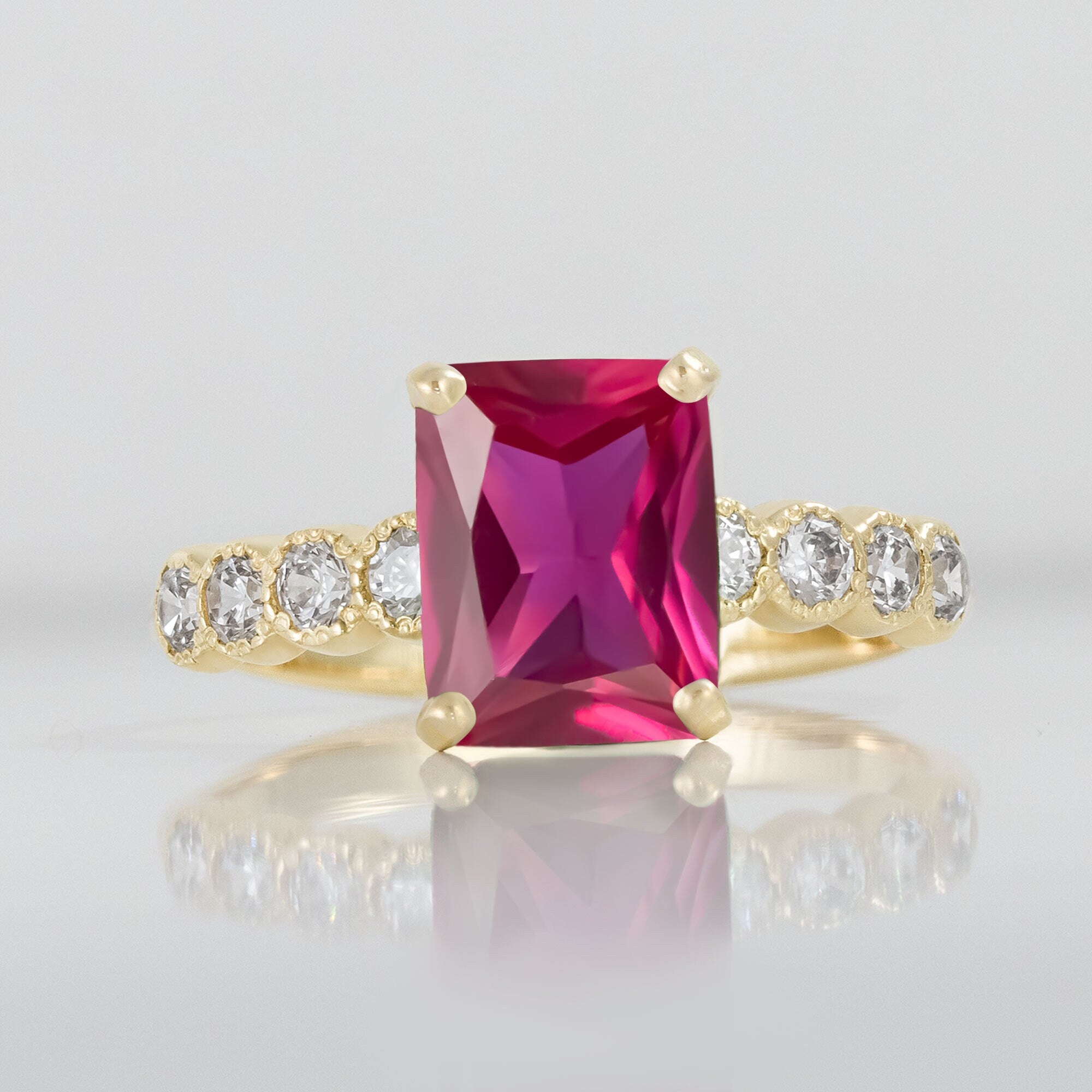 Ruby Ring - July Birthstone - Octagon Ruby Gemstone Statement Engagement Ring with Clear Quartz Accents