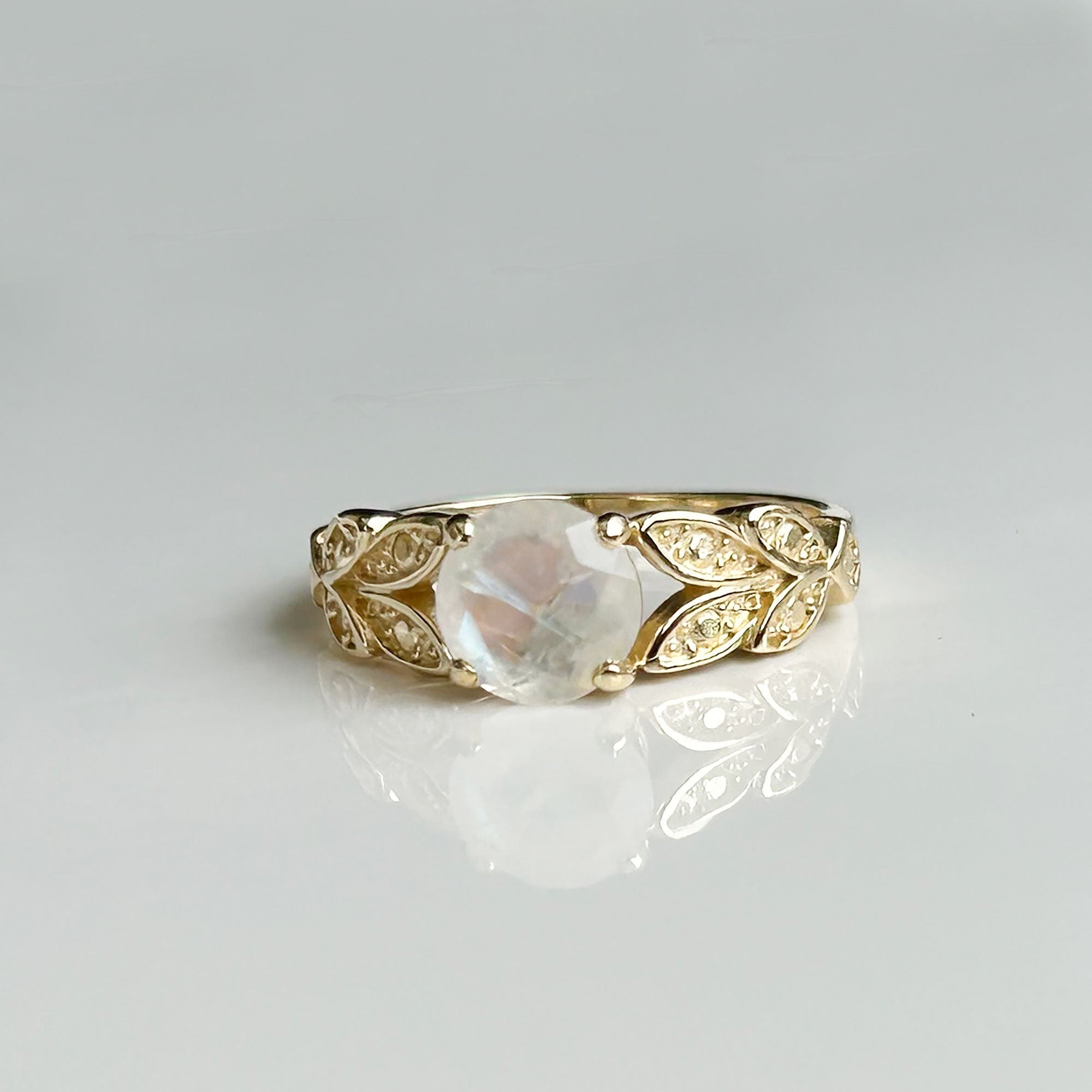 Rainbow Moonstone Ring - Genuine Moonstone - June Birthstone - Gold Ring - Lace Ring - Flower Ring - Leaves Ring - Round Ring - Dainty Ring