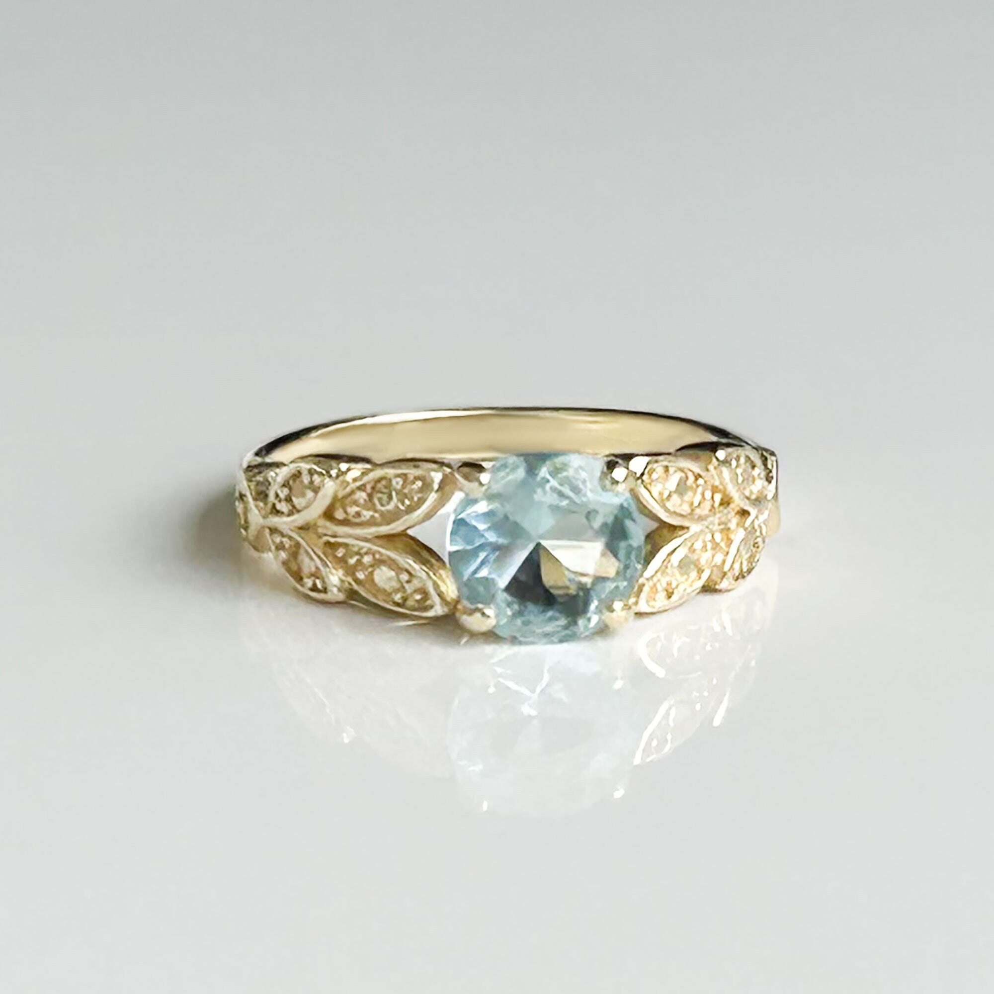 Aquamarine Ring - March Birthstone - Round Aquamarine Gemstone Flower Leaves Ring