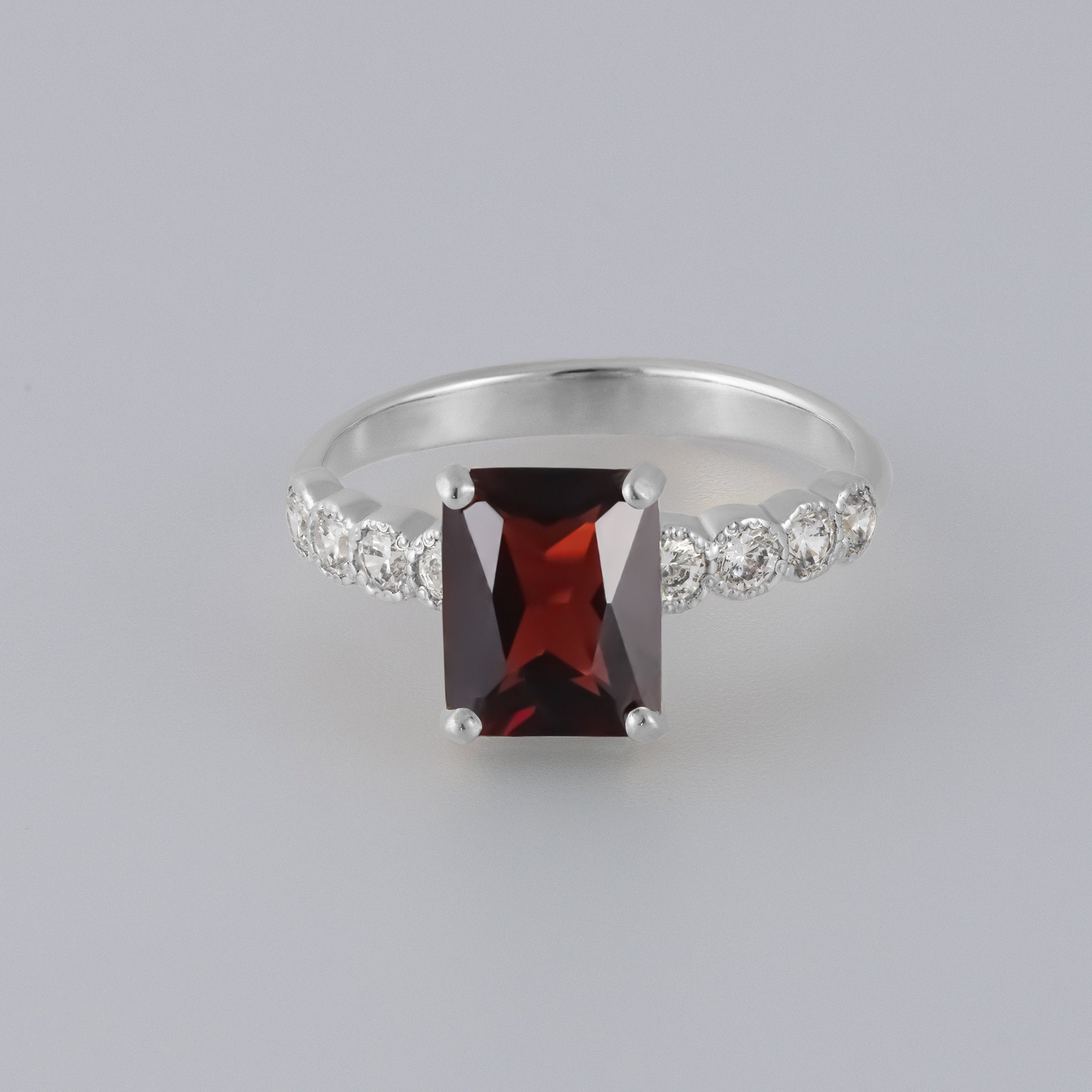 Red Garnet Ring - January Birthstone - Octagon Red Garnet Gemstone Statement Engagement Ring with Clear Quartz Accents