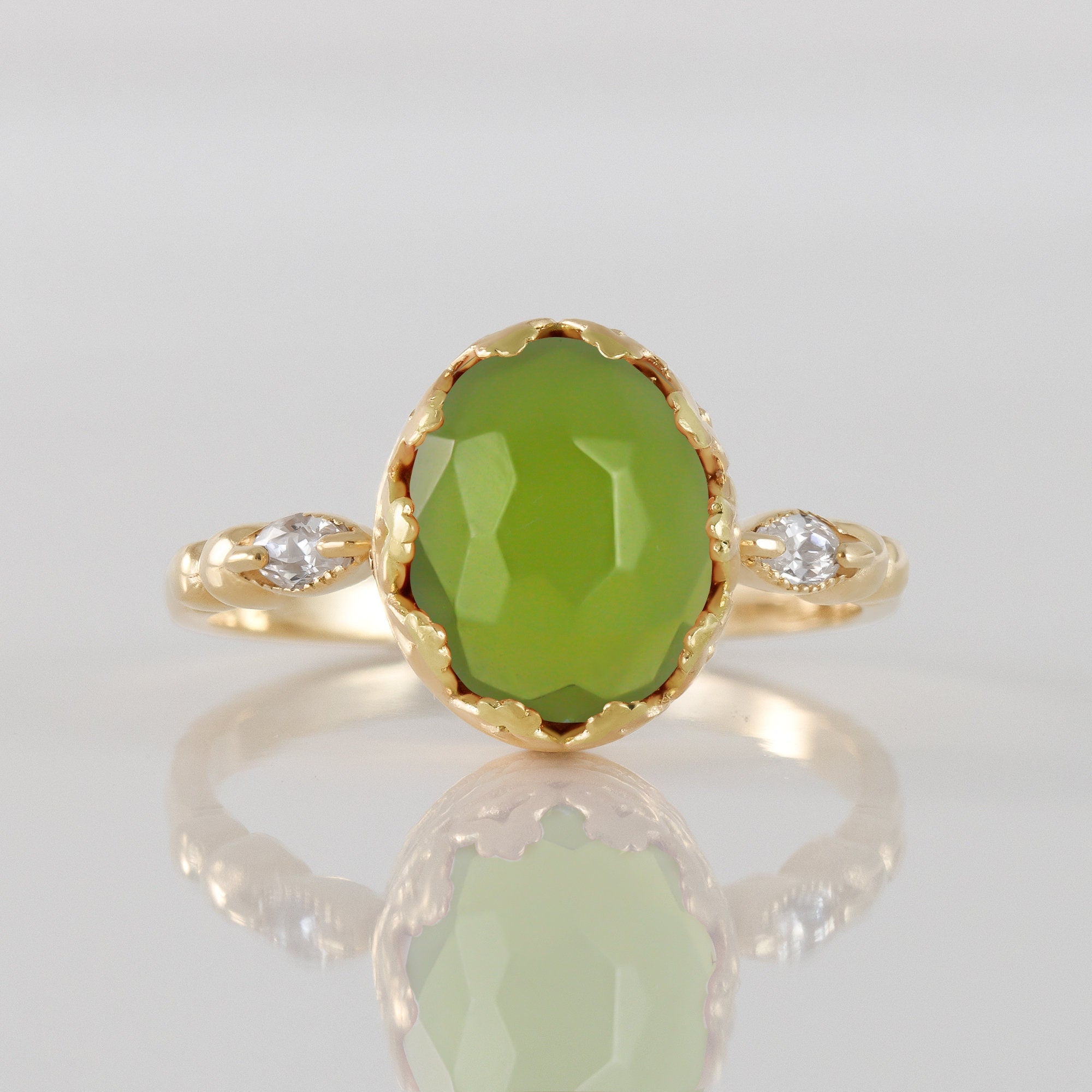 Peridot Ring - August Birthstone - Oval Peridot Gemstone Statement Vintage Crown Ring with Clear Quartz Accents