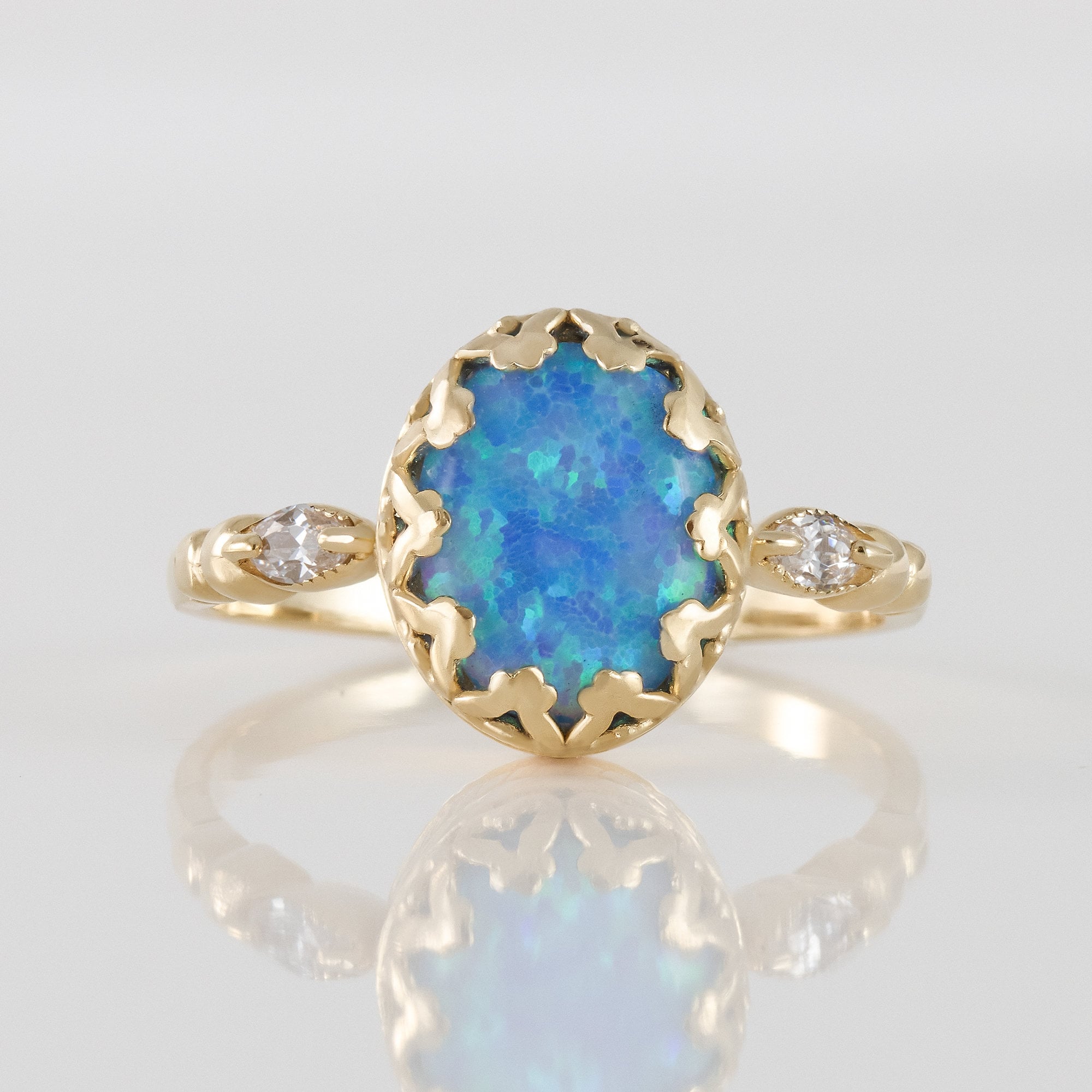 Blue Opal Ring - October Birthstone - Blue Opal Gemstone Oval Vintage Crown Statement Ring with Clear Quartz Accents