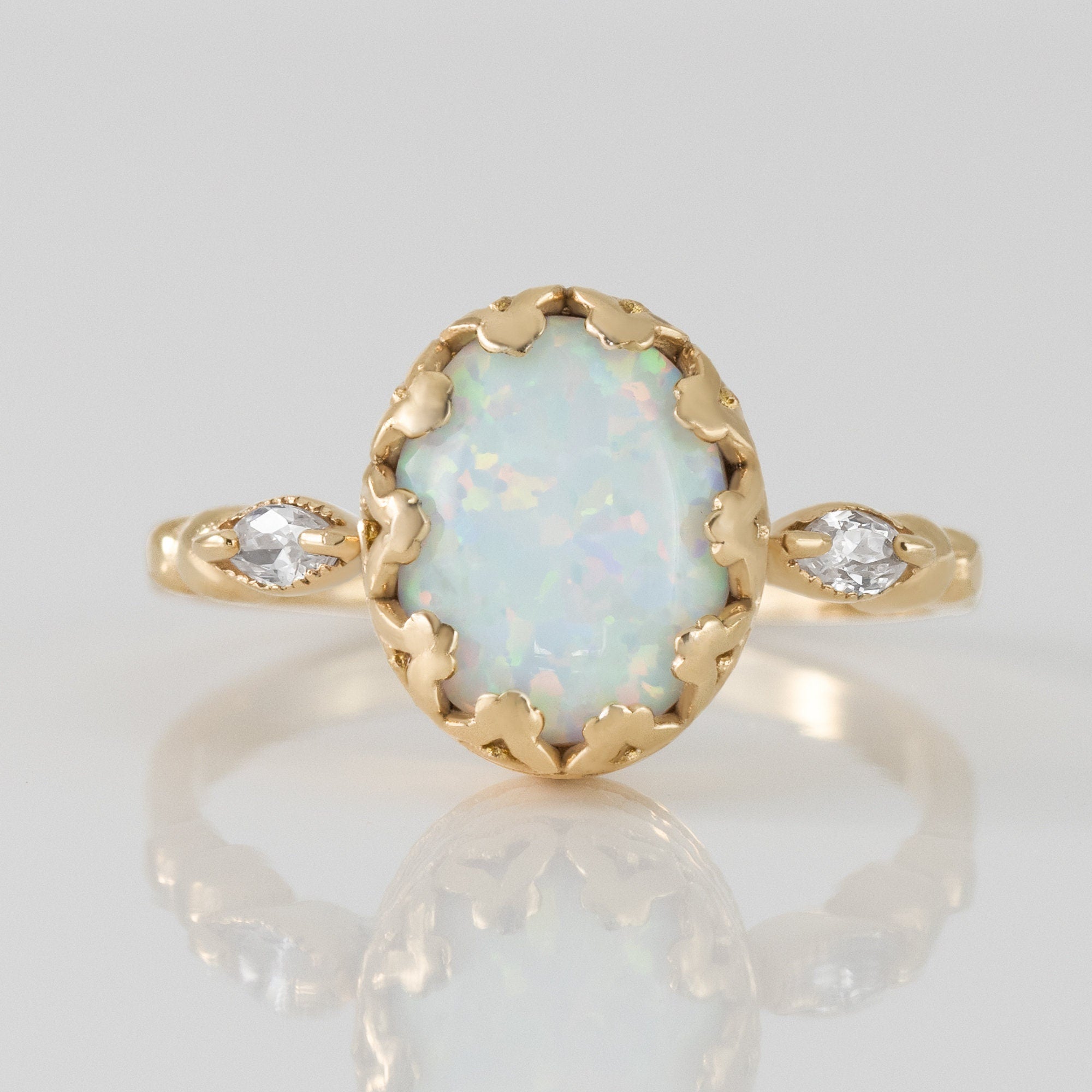 White Opal Ring - White Opal Gemstone Statement Oval Vintage Crown Ring