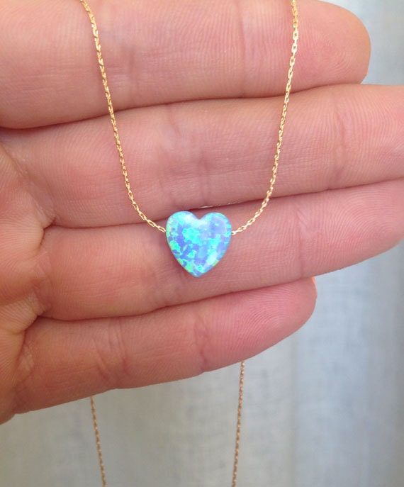 Blue Opal Heart Necklace - Sideway Heart - Delicate Chain Heart Blue Opal Necklace