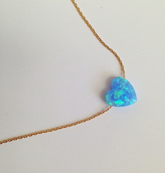 Blue Opal Heart Necklace - Sideway Heart - Delicate Chain Heart Blue Opal Necklace