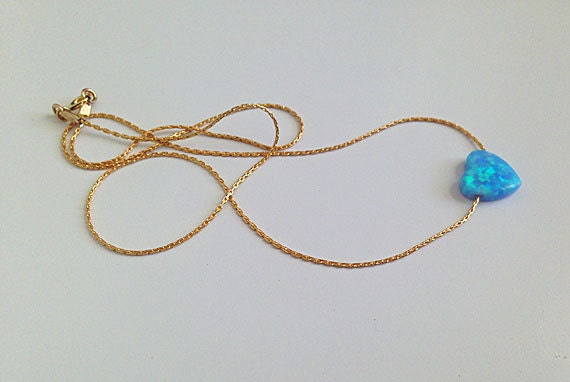 Blue Opal Heart Necklace - Sideway Heart - Delicate Chain Heart Blue Opal Necklace