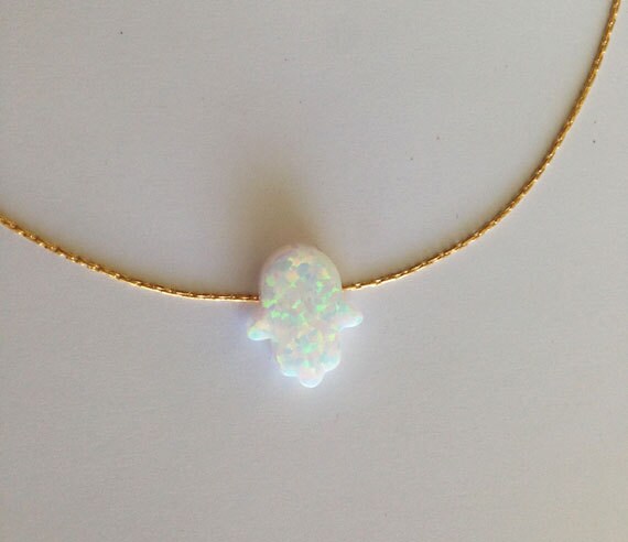 Opal Hamsa Necklace - Hamsa Necklace - Simple Delicate Chain Opal Hamsa Necklace