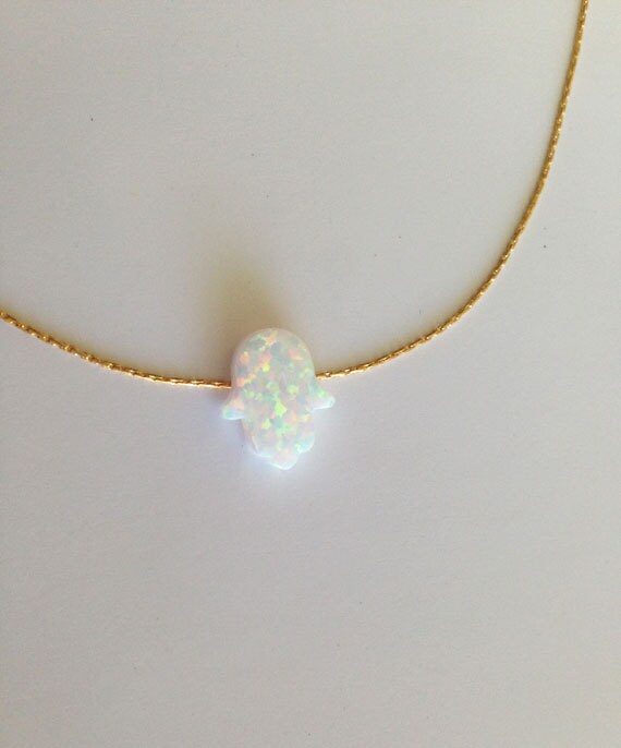 Opal Hamsa Necklace - Hamsa Necklace - Simple Delicate Chain Opal Hamsa Necklace