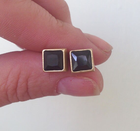 Black Onyx Earrings - December Birthstone Jewelry - Black Onyx Gemstone Simple Square Stud Earrings