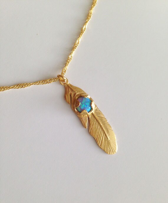 Feather Necklace - Simple Delicate Chain Feather Necklace with Round Blue Opal