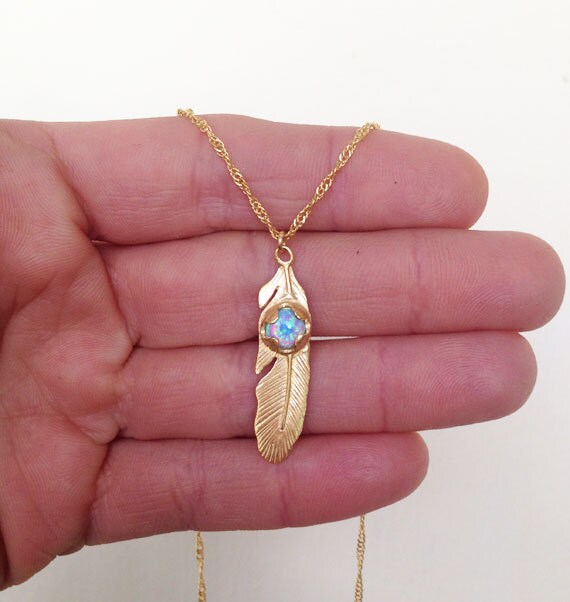 Feather Necklace - Simple Delicate Chain Feather Necklace with Round Blue Opal