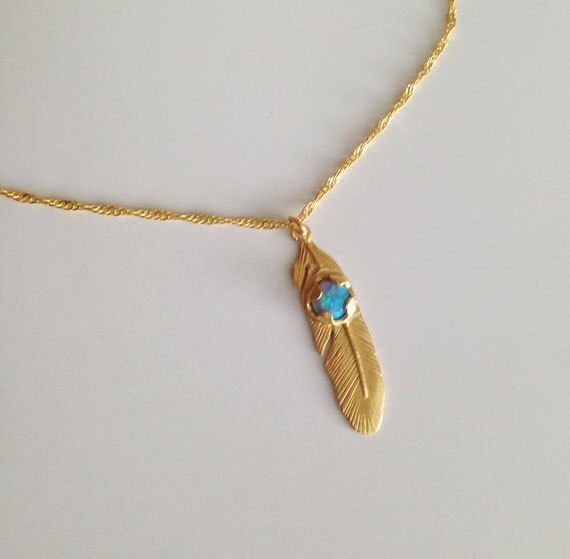 Feather Necklace - Simple Delicate Chain Feather Necklace with Round Blue Opal