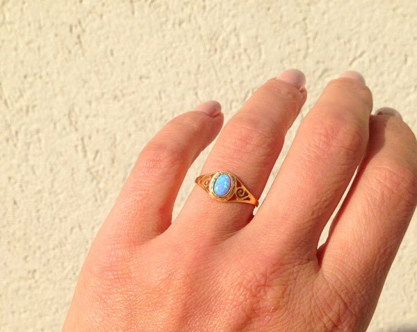 Blue Opal Ring - October Birthstone - Delicate Lace Ring with Oval Blue Opal Gemstone