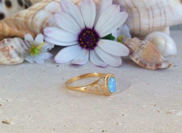 Blue Opal Ring - October Birthstone - Delicate Lace Ring with Oval Blue Opal Gemstone