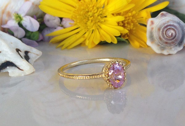 Rose Quartz Ring - October Birthstone - Oval Rose Quartz Gemstone Delicate Hammered Ring