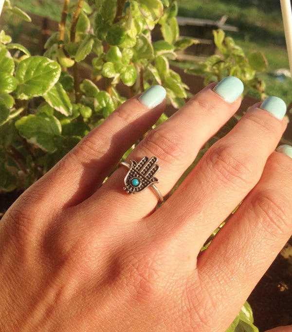 Hamsa Ring - Hand of Fatima Ring - Evil Eye Protection - Hamsa Ring with Green Turquoise Gemstone