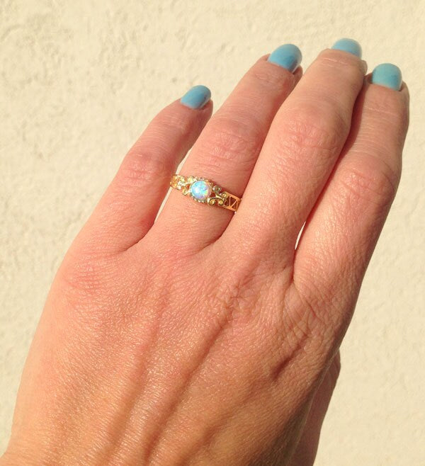 Blue Opal Ring - October Birthstone -  Lace Ring with Round Blue Opal Gemstone