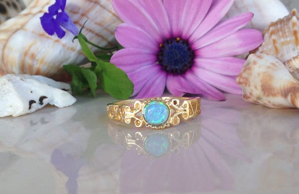 Blue Opal Ring - October Birthstone -  Lace Ring with Round Blue Opal Gemstone