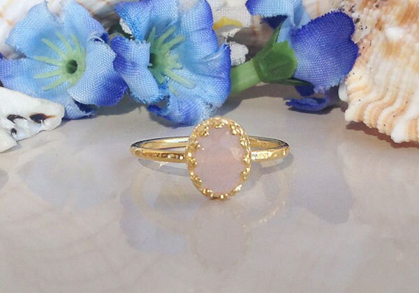 Rose Quartz Ring - October Birthstone - Gold Ring - Bezel Ring - Tiny Ring - Simple Ring - Hammered Ring