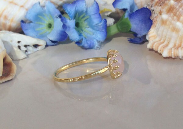 Rose Quartz Ring - October Birthstone - Gold Ring - Bezel Ring - Tiny Ring - Simple Ring - Hammered Ring