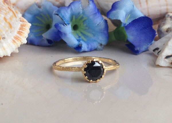 Black Onyx Ring - December Birthstone - Delicate Hammered Ring with Round Black Onyx Gemstone