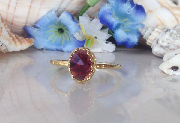 Red Garnet Ring - Genuine Gemstone - January Birthstone - Stacking Ring - Gold Ring - Red Ring - Hammered Ring - Simple Jewelry - Bezel Ring