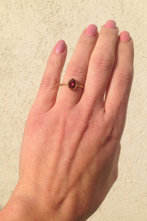 Red Garnet Ring - Genuine Gemstone - January Birthstone - Stacking Ring - Gold Ring - Red Ring - Hammered Ring - Simple Jewelry - Bezel Ring