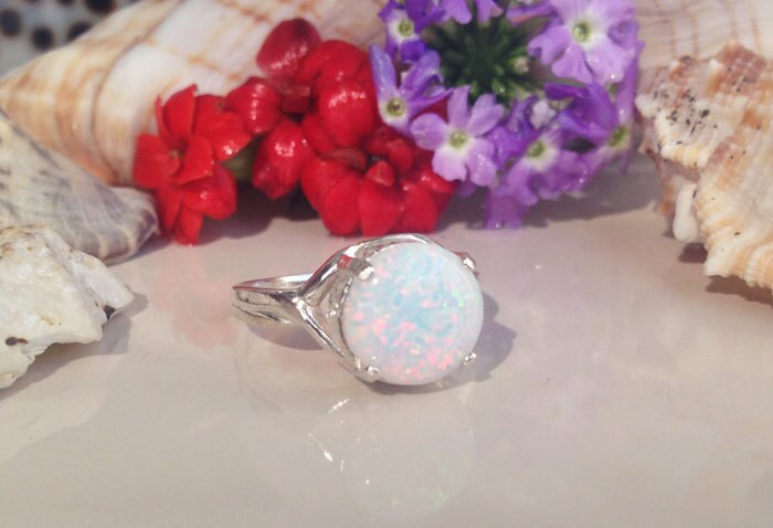 White Opal Ring - Round White Opal Gemstone Statement Ring