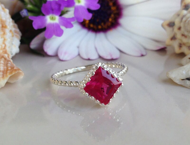 Ruby Ring - July Birthstone - Square Ring - Gold Ring - Bezel Ring - Simple Jewery - Twist Ring