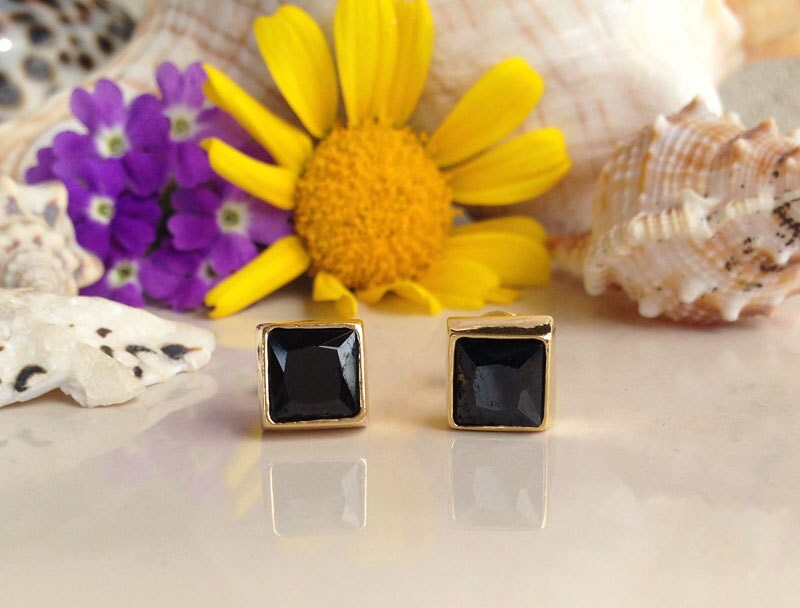 Black Onyx Earrings - December Birthstone Jewelry - Black Onyx Gemstone Simple Square Stud Earrings