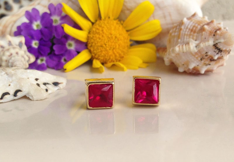 July Birthstone Jewelry - Square Earrings - Ruby Earrings - Shiny Earrings - Post Earrings - Delicate Studs - Simple Earrings