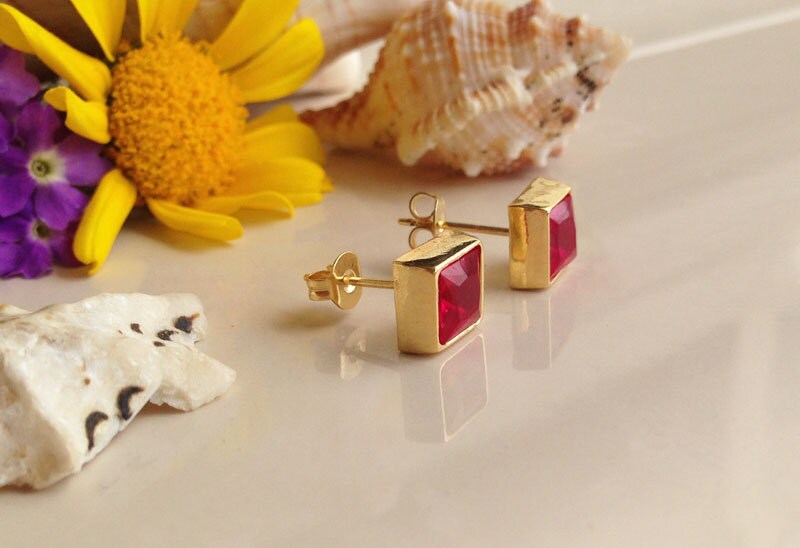 July Birthstone Jewelry - Square Earrings - Ruby Earrings - Shiny Earrings - Post Earrings - Delicate Studs - Simple Earrings