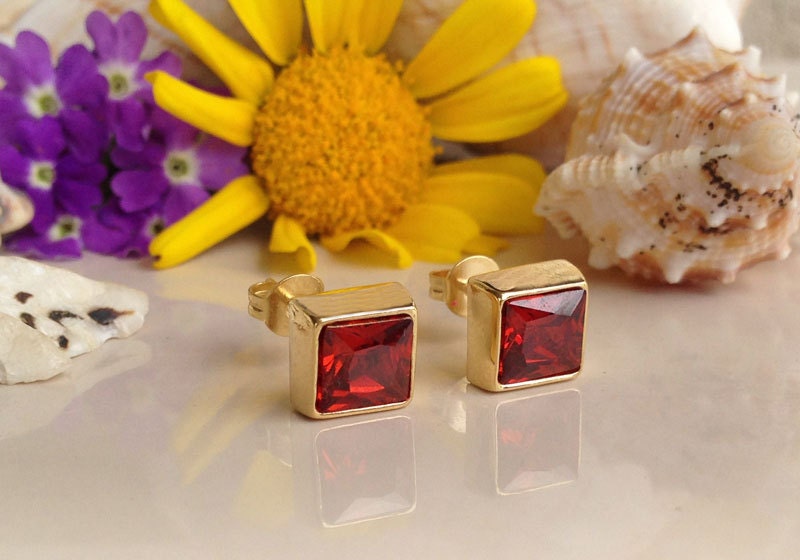 January Birthstone Jewelry - Garnet Earrings - Square Earrings - Post Earrings - Delicate Studs - Simple Earrings - Gold Studs