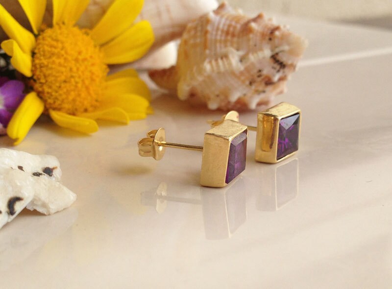 Purple Amethyst Earrings - February Birthstone - Purple Amethyst Gemstone Square Stud Earrings