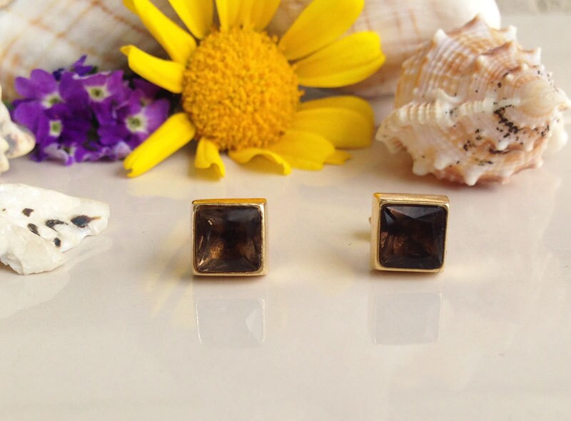 Smoky Quartz Earrings - Smoky Quartz Gemstone Simple Square Stud Earrings