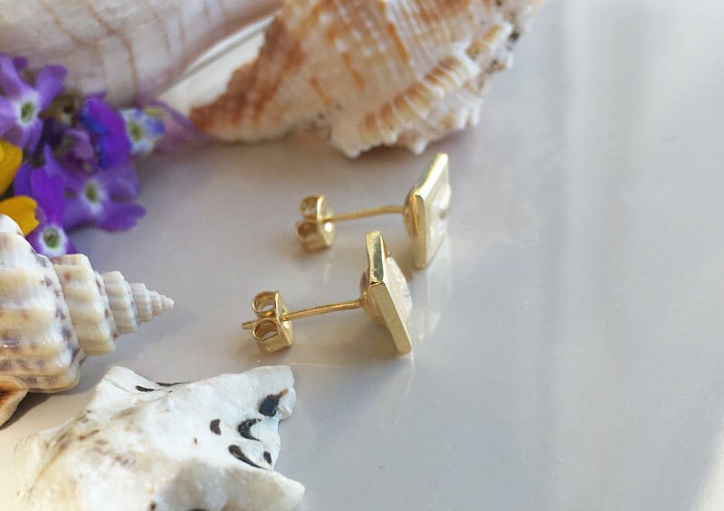 Rainbow Moonstone Earrings - Genuine Gemstone - Square Earrings - Post Earrings - Delicate Studs - Simple Earrings - Gold Studs