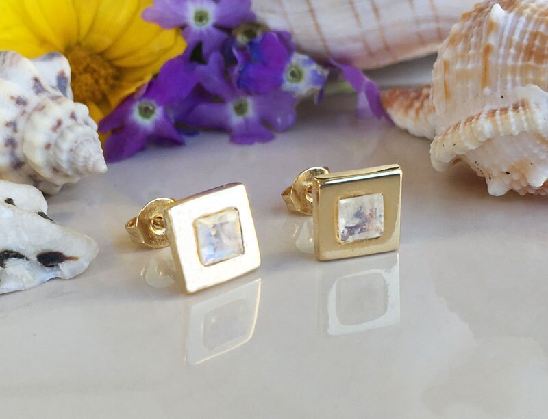 Rainbow Moonstone Earrings - Genuine Gemstone - Square Earrings - Post Earrings - Delicate Studs - Simple Earrings - Gold Studs