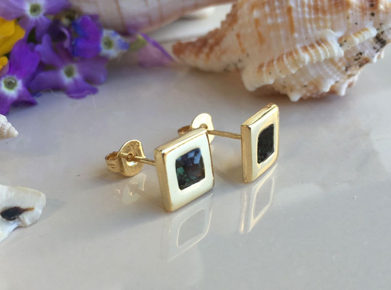 Green Tourmaline Earrings - Square Earrings - Post Earrings - Delicate Studs - Simple Earrings - Gold Studs - Green Earrings