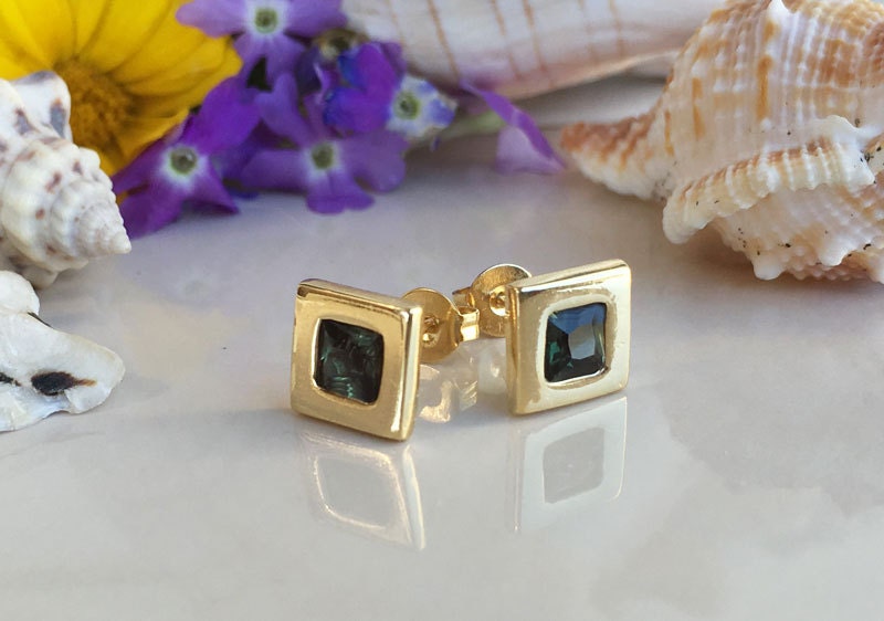 Green Tourmaline Earrings - Square Earrings - Post Earrings - Delicate Studs - Simple Earrings - Gold Studs - Green Earrings