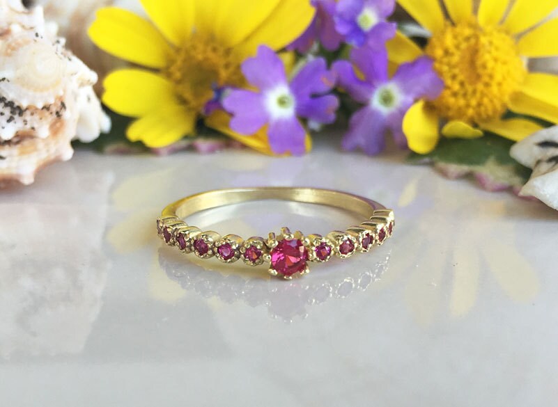 Ruby Ring - Gold Ring - Stack Ring - Half Eternity Ring - July Birthstone - Delicate Ring