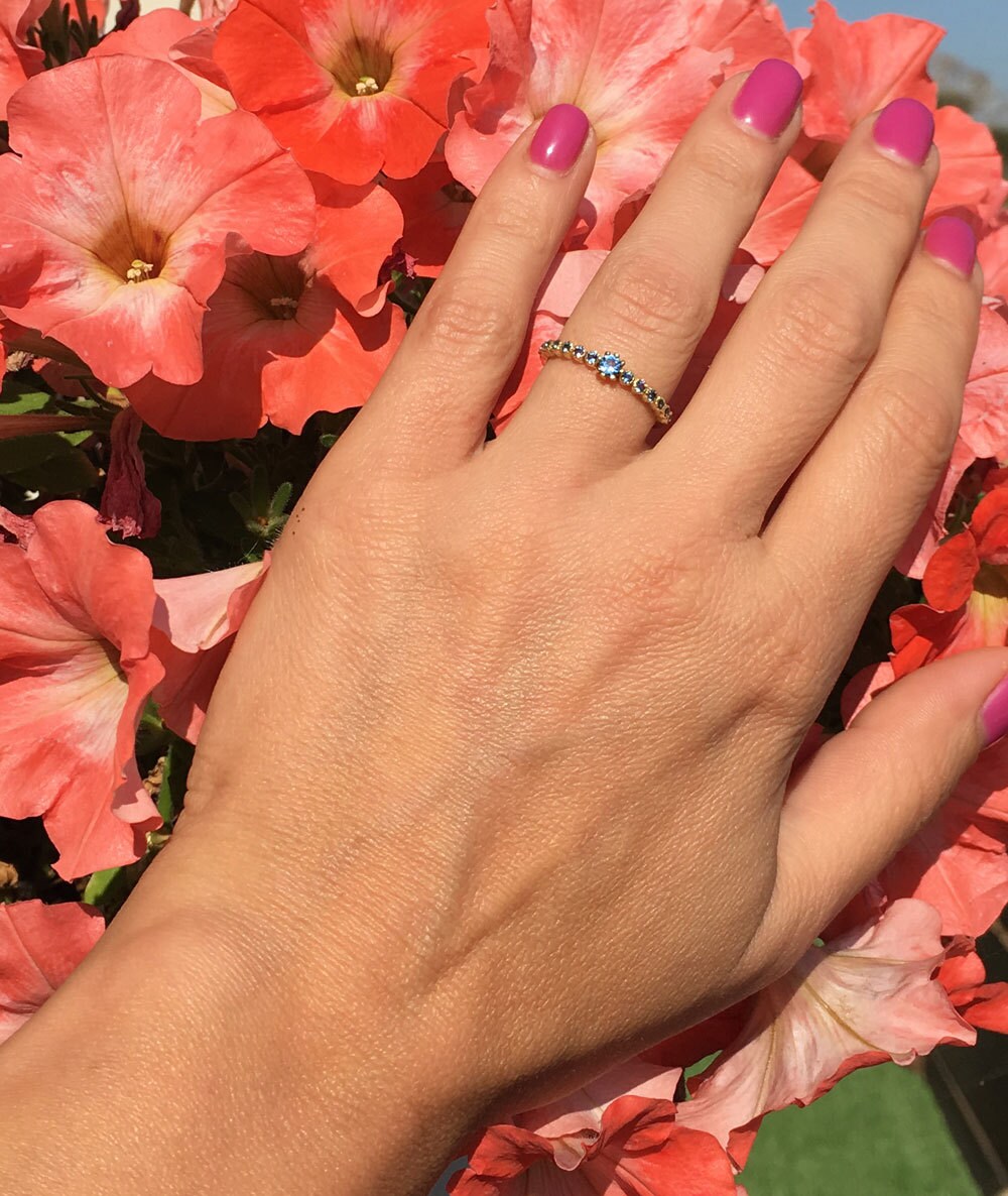 Blue Topaz Ring - December Birthstone  - Delicate Stacking Half Eternity Ring with Thirteen Round Blue Topaz Gemstones