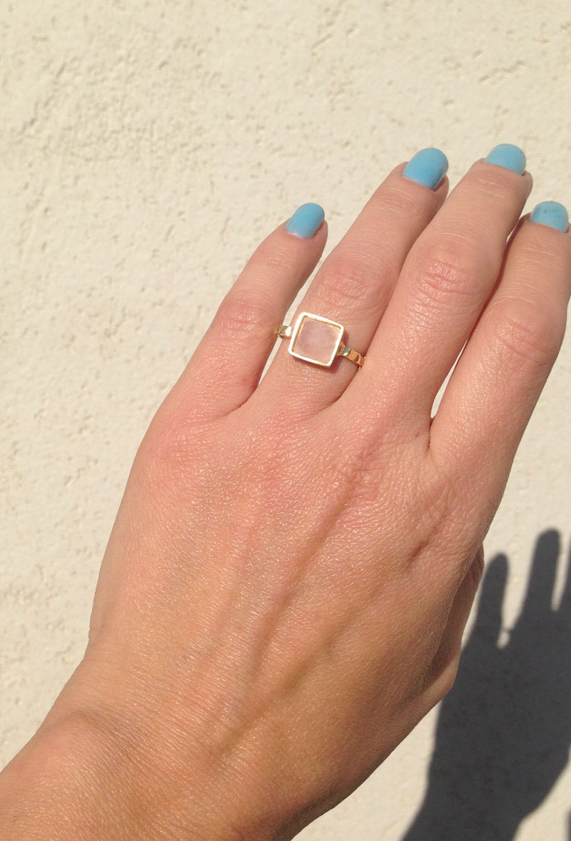 Rose Quartz Ring - October Birthstone  - Square Ring - Simple Ring - Pink Ring - Gold Ring - Hammered Ring - Vintage Style