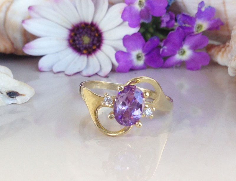 Amethyst Ring - February Birthstone - Oval Amethyst Ring with Clear Quartz Accents