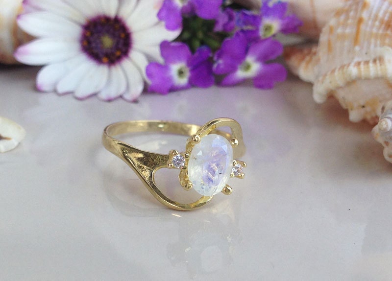 Rainbow Moonstone Ring - Gold Ring - Simple Ring - Gemstone Ring - Stacking Ring - June Birthstone - Dainty Ring - Prong Ring - Oval Ring