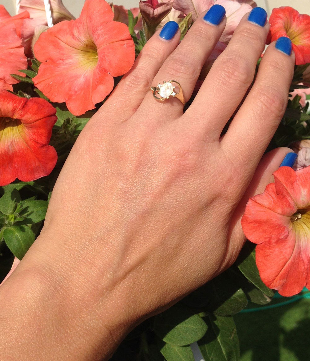 Rainbow Moonstone Ring - Gold Ring - Simple Ring - Gemstone Ring - Stacking Ring - June Birthstone - Dainty Ring - Prong Ring - Oval Ring