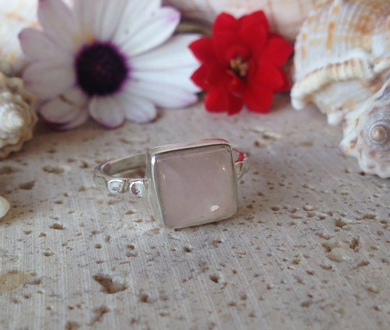 Rose Quartz Ring - October Birthstone  - Square Ring - Simple Ring - Pink Ring - Gold Ring - Hammered Ring - Vintage Style